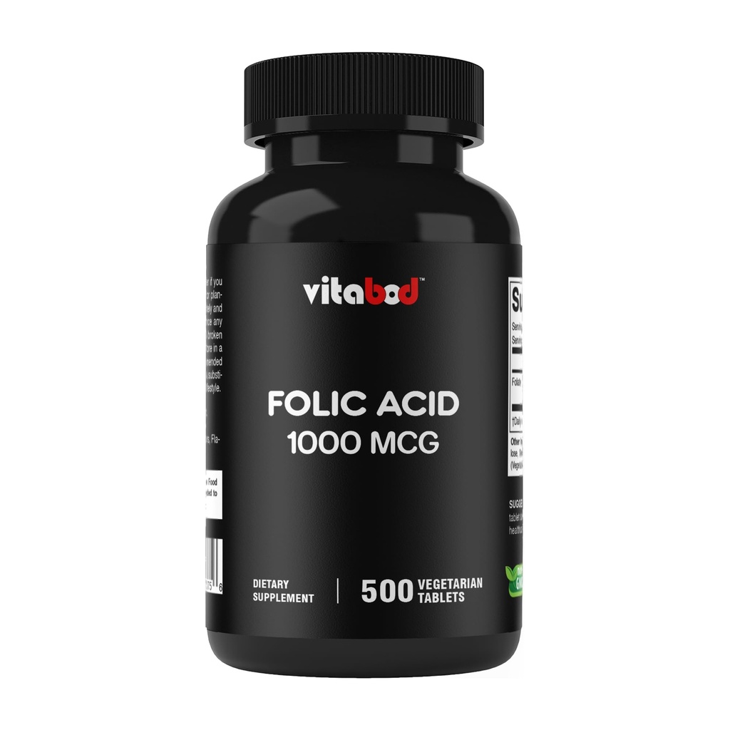 Folic Acid 1 mg (1000 mcg) (Vitamin B9) - 500 Vejetaryen Tabletler - Temel Prenatal ve Postnatal Vitamini)
