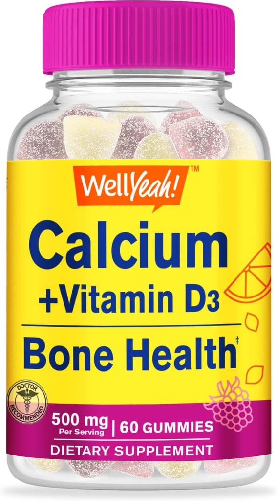 WellEvet, 500 mg + Vitamin D3 1000 IU (25 mcg) Gummies - Bone Health and Muscle Supprt, Immune Support Gummy, Non GMO, Gluten Free, Mix Fruit Flavors - 60 Gummies - Bone Health and Muscle Supprt, Immune Support Gummy, Non GMO, Gluten Free, Mix Fruit Flavors - 60 Gummies - 60 Gummies - Bone Health and Muscle Supprt