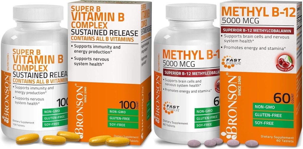 Bronson Torch B12 5000 mcg Vitamin B12 Mecobalamin Lozenges + Super B Vitamin B Kompleks Sustained Slow Release