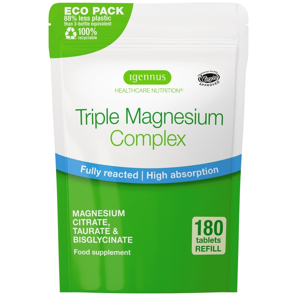 Igennus Superior Triple Magnezyum Kompleksi, Tam Reakt & Chelated Glycinate, Taurate & Citrate, Clean Label, High Bioavailability & Abxia, 180 Tablet, Vegan, Non-Buffered