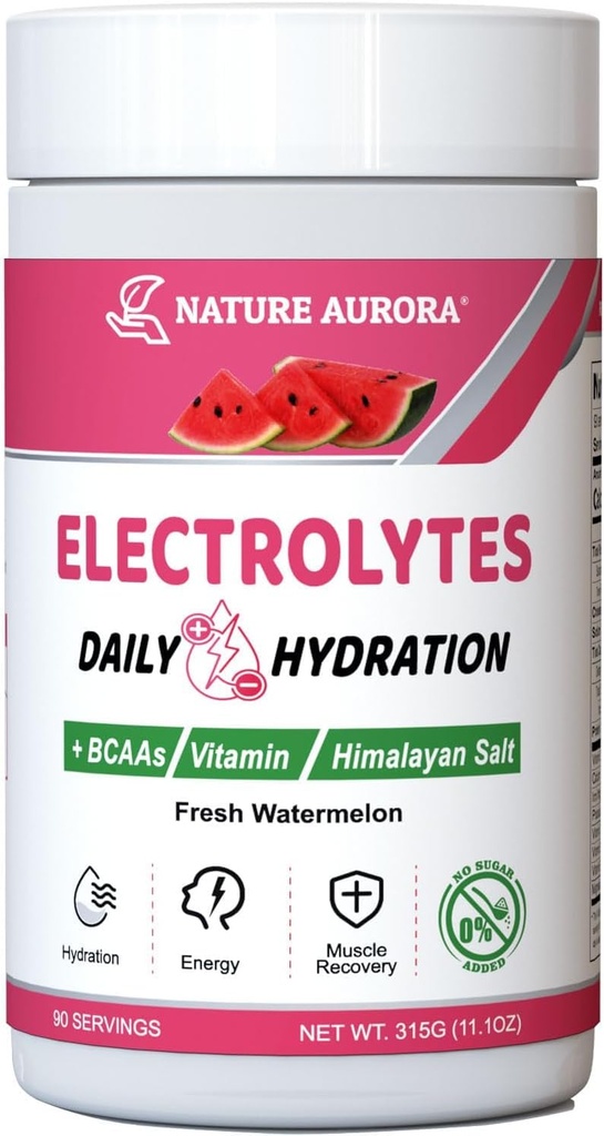 Elektrolytes Toz No Sugar, Fresh Watermelon Electrolyte Toz, Hydration Toz, Himalaya Salt, BCAAs ve B-Vitamins, No Calories, Sugar Free Keto Electrolyte Drink - 90 Servisler