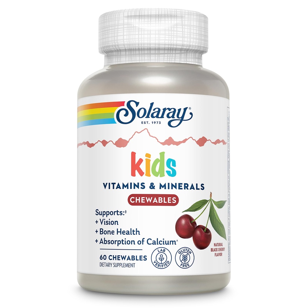 SOLARAY Çocuklar Vitaminler ve Mineraller Çocuklar için Çok Fazla Vitamini Büyük Siyah Cherry Flavor (076280047974) (60 Chews, 30 Serv)
