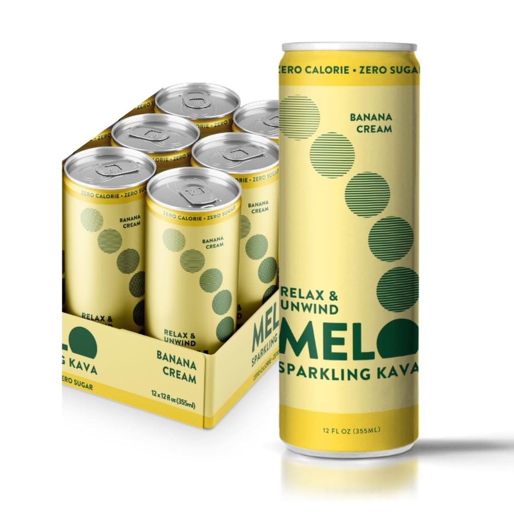 Melo Sparkling Kava Drink, Banana Cream, Sugar Free Non Alkolik İçecekler Zero Calories, Gluten Free, Vegan,% 100 Natural Mocktail with 100 mg Kava Root per Drink, 6 Pack, 12 oz Cans