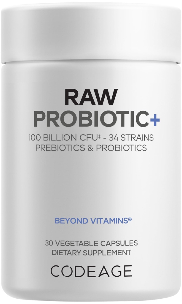 Kodaj Raw Probiyotik+ Supplement - 34 Probiyotik Strains, 100 Milyar CFUs, Raw Whole Food Probiyotiks, Raw Fruits & Veggies Prebiyotiks - Wild Kefir Culture - Non-GMO - 30 Capsules