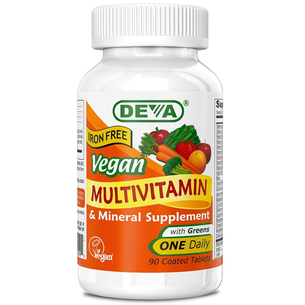 DEVA Vegan Multivitamin ve Mineral Supplement - Yeşillerle Bir Günlük Vitamin Formula - Demir Ücretsiz - 90 Kaplamalı Tabletler, 1-Pack