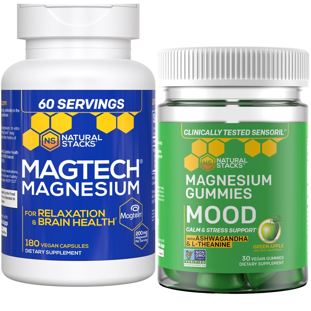 Doğal Stacks Magtech Magnezyum + Mood Gummies Sche - 4 Magnezyum Formları - Rahatlama, Beyin Sağlığı ve Stres Desteği * - 210 Toplam Parça
