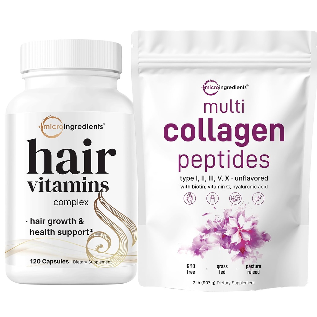 Mikro Malzemeler Multi Collagen Protein Toz 2 Pounds & Saç Vitaminleri Komplek Kapsüller Paket | Grass-Fed Collagen Peptides | 14-in-1 Gelişmiş Saç Büyüme Desteği