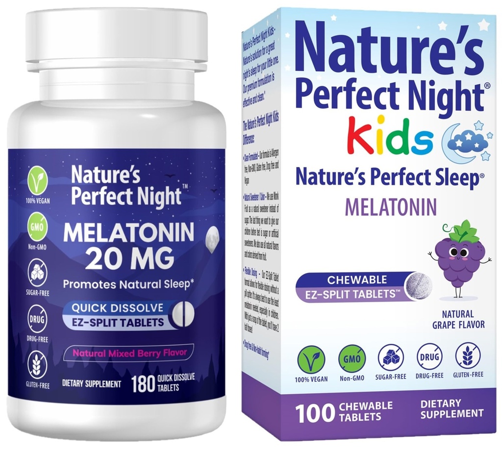 Nature's Perfect Night Sche | Melatonin 20mg | Çocuklar Melatonin 1mg | 180 Kont | 100 Count | Sugar Free | Gluten Free | Non-GMO | Vegan