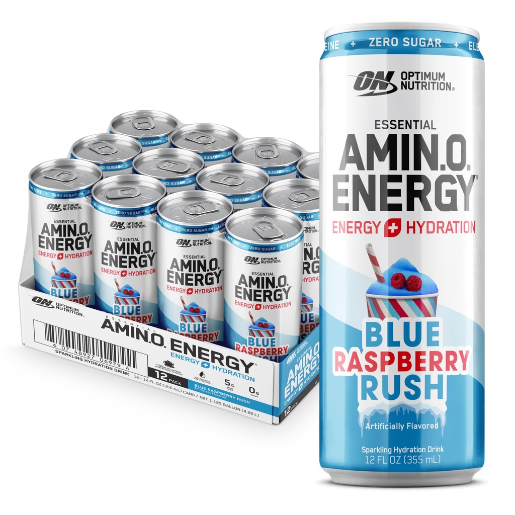 Optimum Beslenme Amino Enerji Koling Hydration Drink, Electrolytes, Caffeine, Amino Asits, BCAAs, Sugar Free, NEW Blue Raspberry Rush, 12 Fl Oz, 12 Pack (Pazar Mayıs Vary)