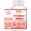SHIFAA NUTRITION Halal Vitamin D, Halal Vitamin D3, 5000 IU Softgels, 120 Hizmet. Non-GMO, Gluten-Free, Supports: Structure, Bones, Teeth, Heart, Muscle & Immune Functions