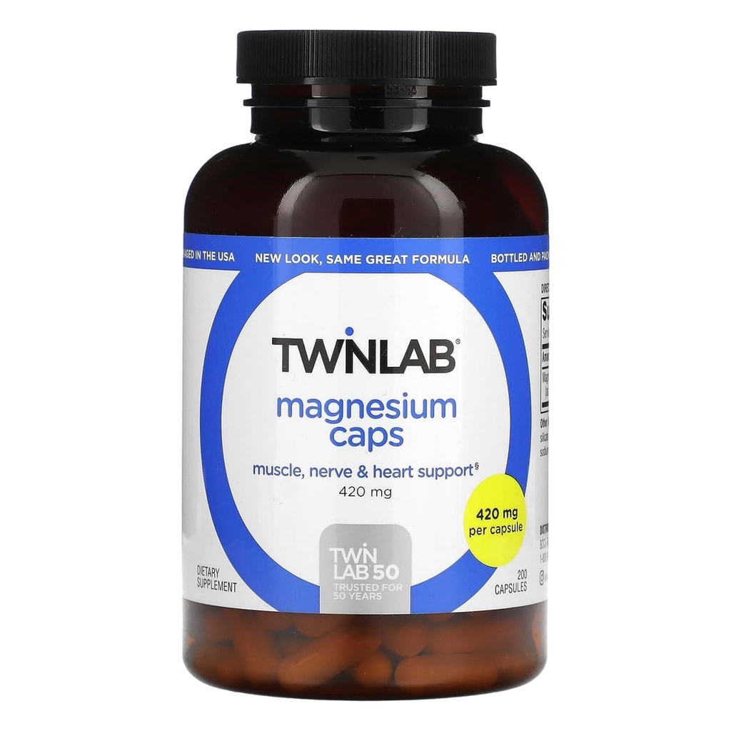 Twinlab Caps - Yüksek Aborps Ölçümü Leg Cramps Relief - Magnezyum Capsules for Stress Relief, 420 mg, 200 Count, 1 Pack