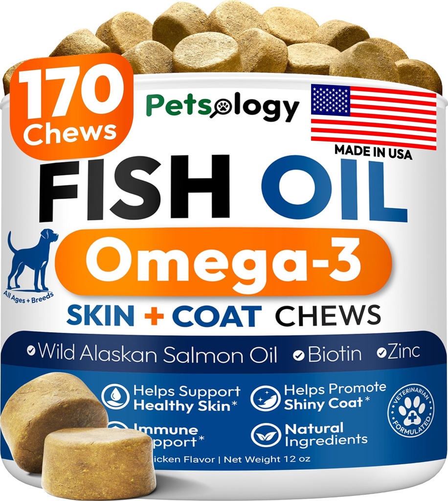 Omega 3 Köpekler için Balık Yağı - 170 Chews - Köpekler Itchy Skin & Alerji Yardımı - Skin & Coat Supplement Supplement - EPA & DHA Fatty Asits - Köpek Anti Shedding & Hot Spot Tedavisi - Salmon Oil
