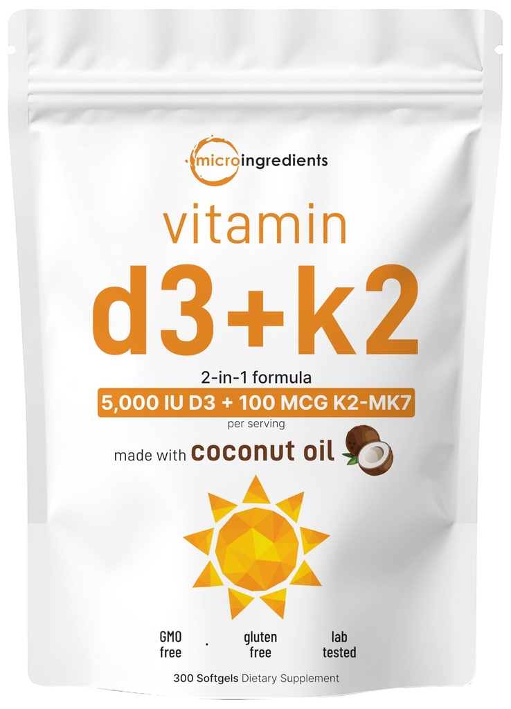 Mikro Malzemeler D3 5.000 IU + K2 MK-7 100 mcg, 300 Softgels | Virgin Coconut Oil | 2in-1 Bone, Immune & Heart Support | Easy to Sw, Non-GMO 100 mcg, 300 Softgels | Virgin Coconut Oil | 2in-1 Bone, Immune & Heart Support | Easy to Swallow, Non-GMO
