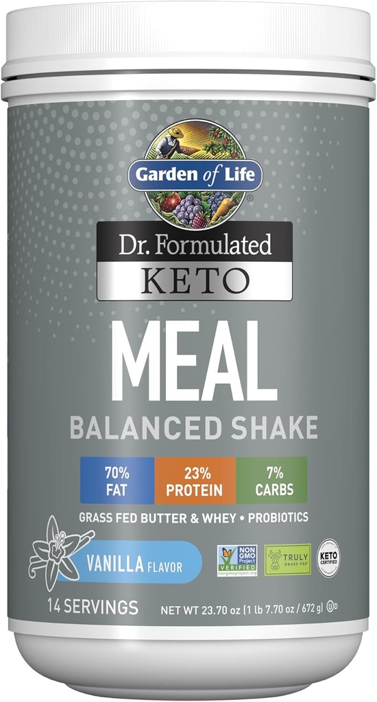 Yaşam Bahçesi Dr. Formulated Keto Meal Balanced Shake - Vanilla Toz, 14 Hizmet, Gerçekten Çim Fed Butter & Whey Protein artı Probiyotikler, Non-GMO, Gluten Free, Ketgen, Paleo Meal Realchanged