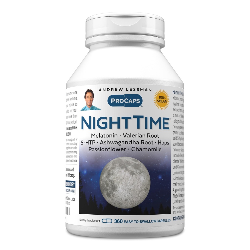 ANDREW LESSMAN Night Time 360 Capsules - 3 mg Melatonin, Valerian, Ashwagandha, Passionflower, Hops, Chamomile. Sabah Grogginess yok. Doğal Destek, Gentle Restful Sleep. Swallow Capsules kolay