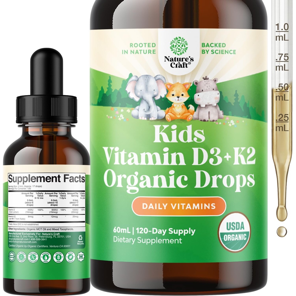 Natures Craft Kids Vitamin D3 K2 Drops - Güçlü Kemikler ve Ortaklar için Çocuklar için Organik Vitamin D - Bebekler, Bebekler ve Toddler Immune Support Drops Liquid Supplement - 60 ml Şişeler - Kristalleri Azal