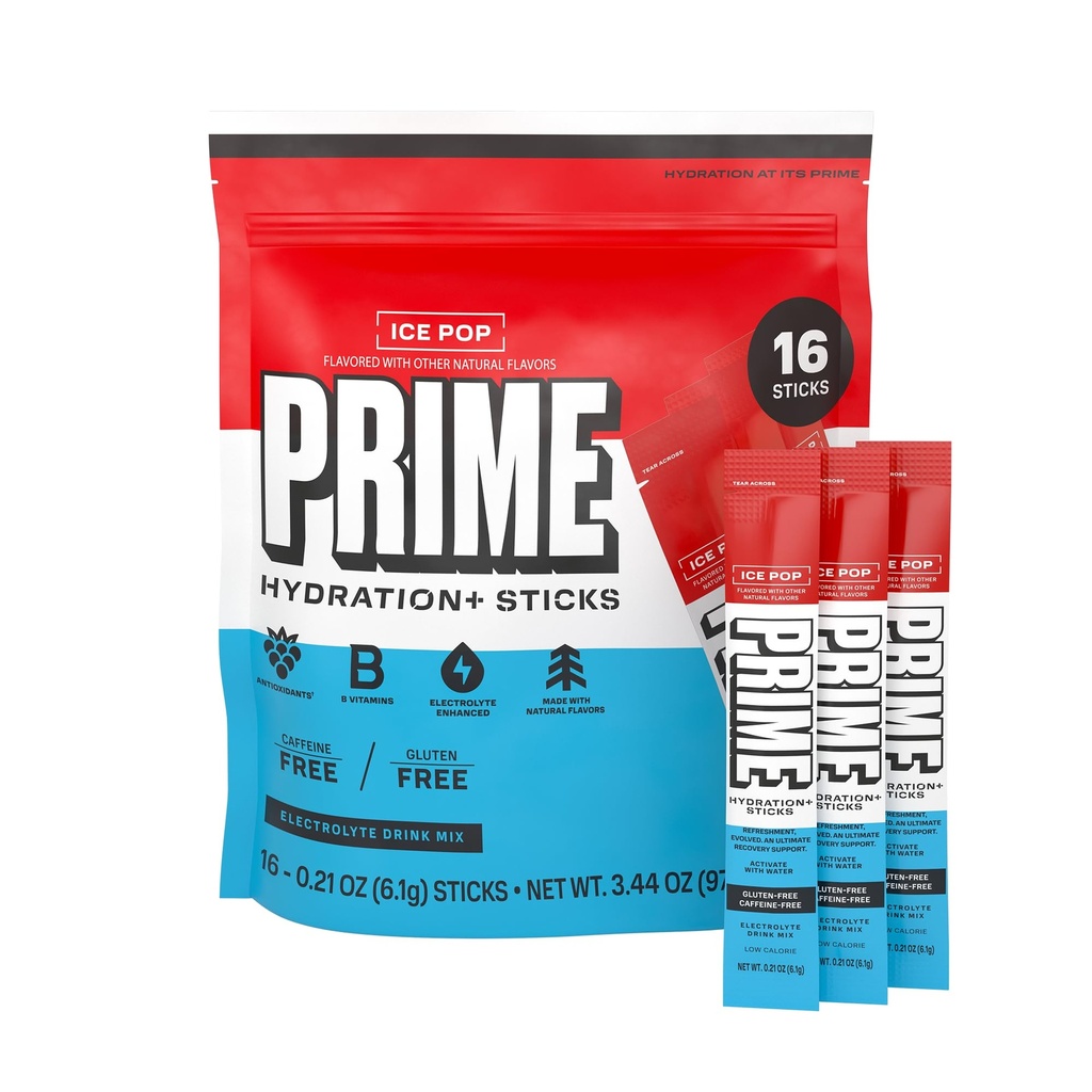PRIME HYDRATION+ Electrolyte Powder Sticks, Ice Pop, Sugar Free Hydration Drink Mix with Potassium, Magnesium & B Vitamins to Replenish Fluids, Caffeine Free, 16 Count