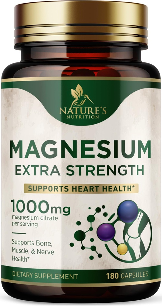 Magnezyum Mineral Supplement 1000 mg - Yüksek Potency Citrate for Bone, Heart Health, Nerves & Muscle Support, Nature's Magnezyum Kompleksi, ABD'de Şişelenmiş - 180 Capsules