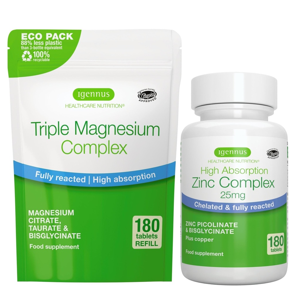Triple Kompleks 180 Tablet + çinko Kompleksi Vegan Sche, Yüksek Abhidrasyon Chelated çinko Picolinate & Bisglycinate with Copper, by Igennus