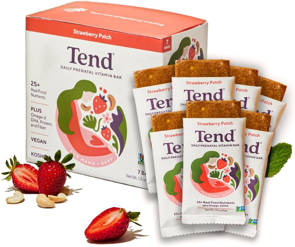Tend Daily Best Prenatal Vitamin Bar, Hamile ve Postpartum Anneleri için Organik Malzemelerle Yapıldı, DHA, Vitamin D, B, Choline, Folate, Sunflower Lecithin - Strawberry Patch (7ct)