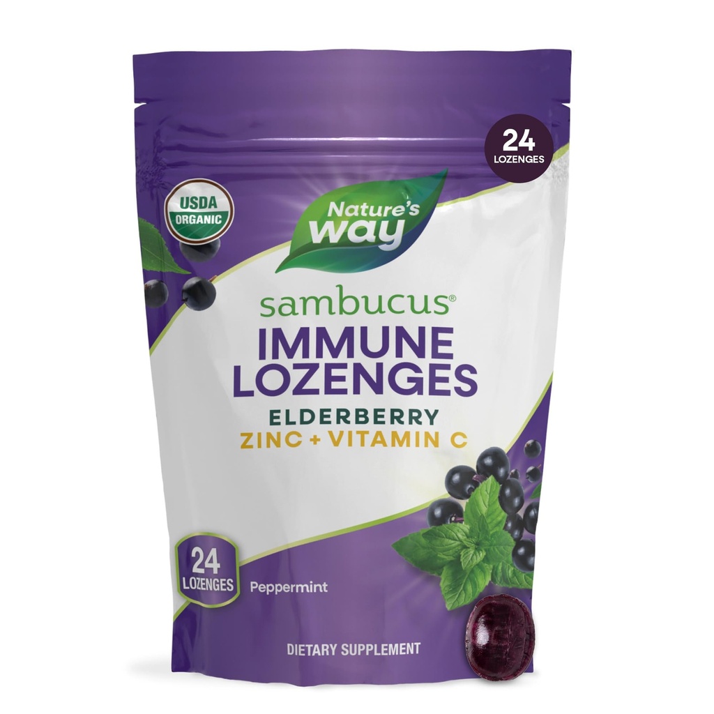 Nature's Way Sambucus Zinc Lozenges with Elderberry and Vitamin C, Peppermint Flavored, 24 Lozenges
