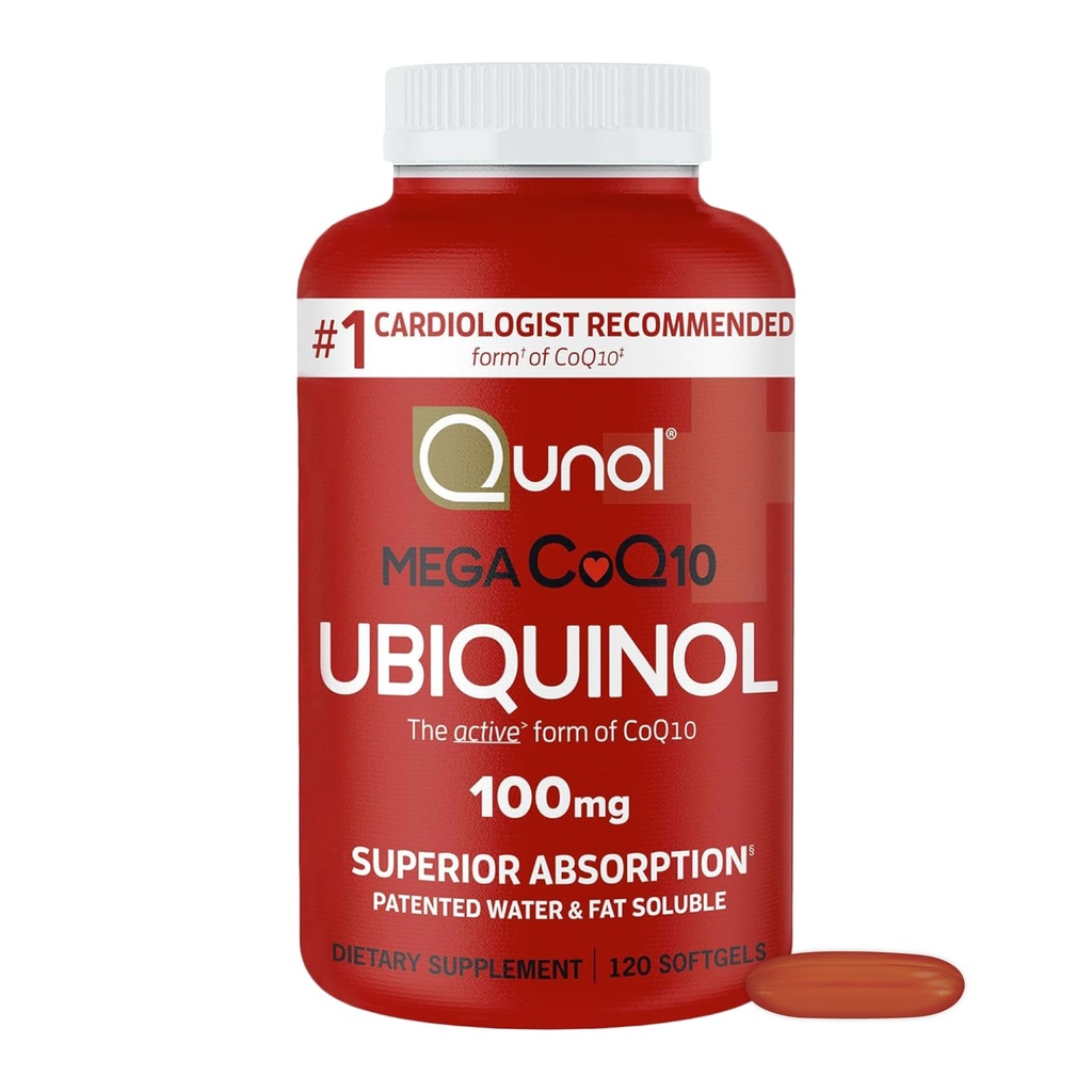 Qunol Mega Ubiquinol CoQ10 100 mg, Üstün Aborpsiyon, Patentli Su ve Fat ► Natural Supplement Form of Coenzyme Q10, Antioksidan for Heart Health, 120 Count (Pack of 1) Softgels