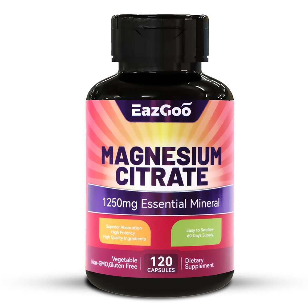 Magnezyum Citrate Capsules 1250 mg, Yüksek Abplastik Magnezyum Citrate Supplement with Elemental Magnezyum, Ekstra Güçlü Magnezyum Supplement, Non-GMO, Gluten-Free, 120 Sebze Capsules