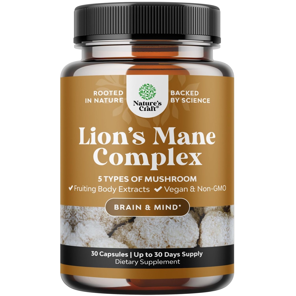 Gelişmiş Aslan'ın Mane Mushroom Supplement - Lions Mane Supplement Capsules with Reishi, Chaga, Maitake & Shiitake for Brain Health Memory Support & Focus - Nootropic for mental Clarity - 30 Caps