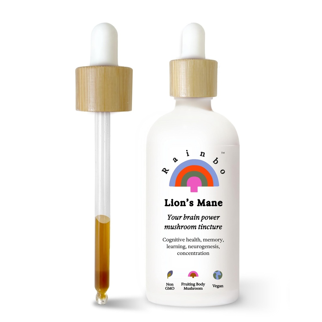 Rainbo - Lion's Mane Mushroom Tincture - Alkol Free - Dual Extract Mushroom Supplement - Beyin Desteği, Focus, Memory, Liquid Lion's Mane Supplement, Vegan, GMO, 3.4 fl oz