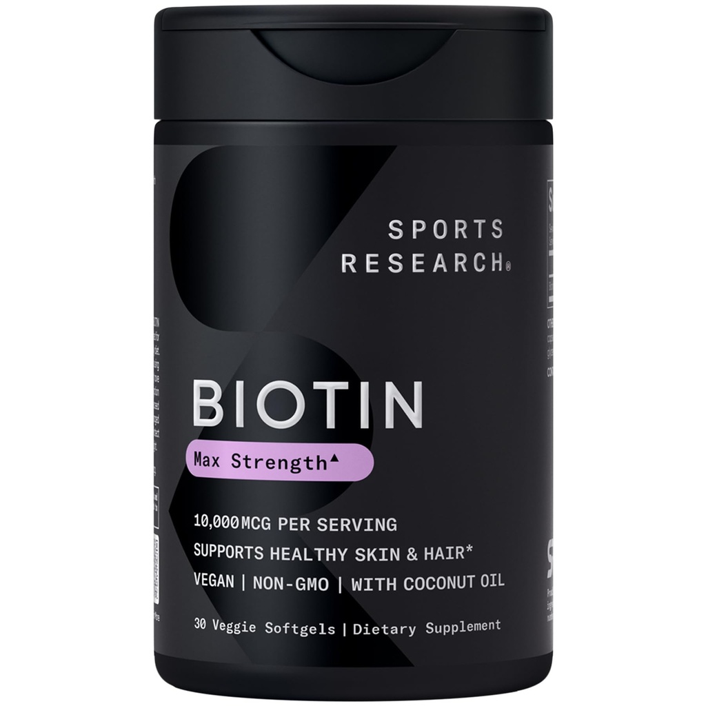 Sports Research® Biotin 10.00006 with Organic Coconut Oil - Biotin (Vitamin B7) for Health Skin and Hair Support* - for Women and Men - Vegan, Non-GMO, Gluten & Soy-Free - 30 Veggie Softgels