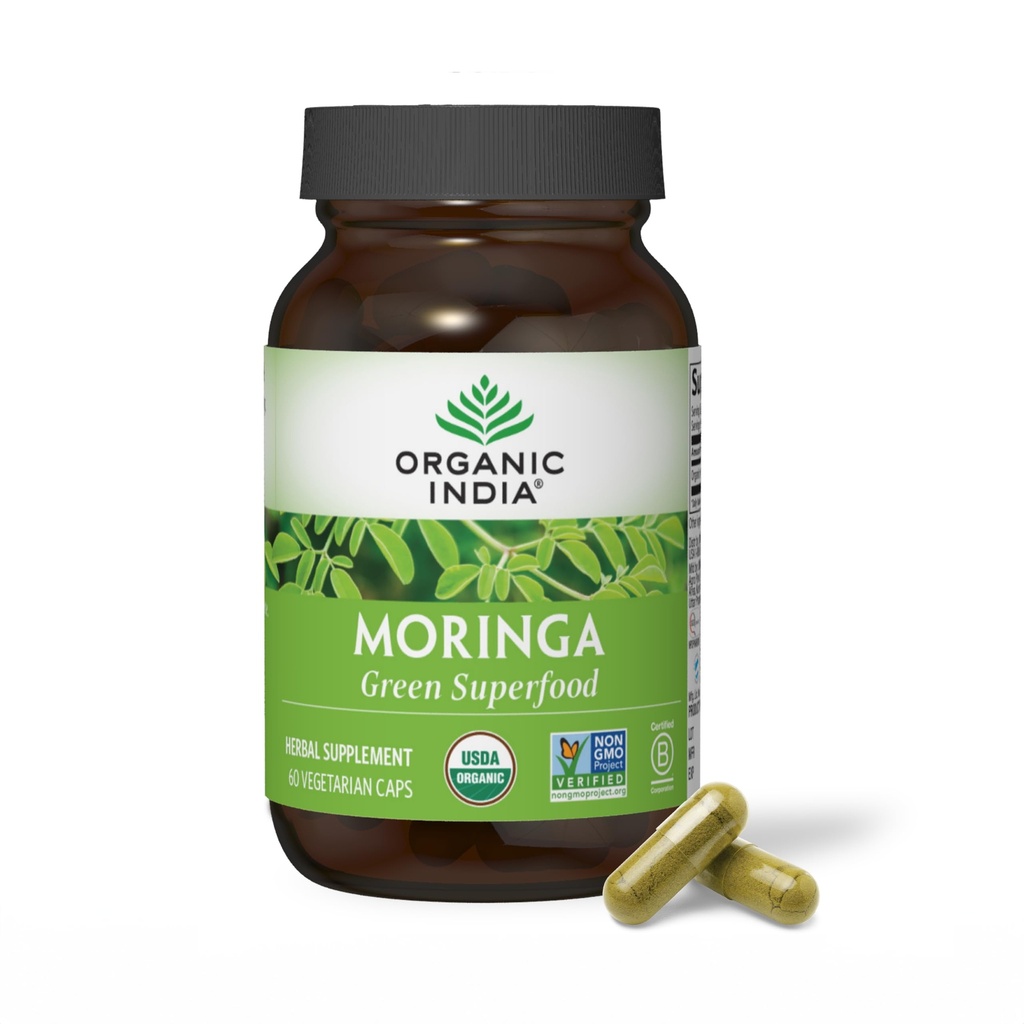 ORGANIC INDIA Moringa Capsules Organic - Moringa Leaf Supplement, Green Superfood Supplement, Pure Supergreen, Vegan Greens, Nature's Multivitamin, Vegan, Gluten-Free - 60 Capsules