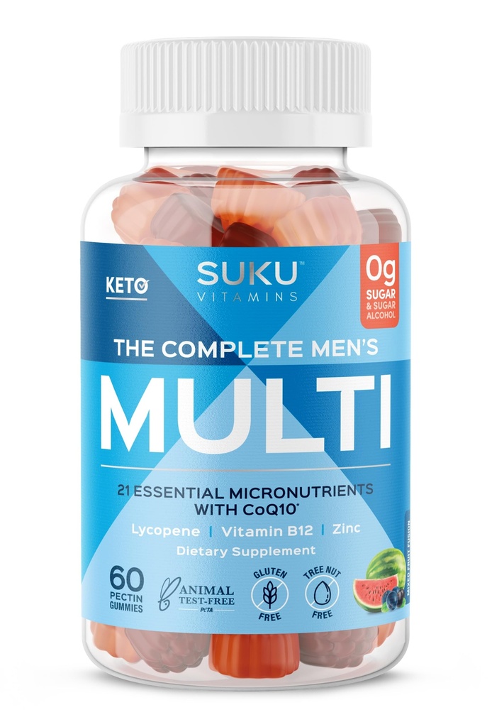 SUKU Men's Daily Multivitamin Gummies – Vitaminler A, B12, C, D3, E, çinko, CoQ10 & Lycopene – Prostate, Heart & Immune Support – Sugar-Free, Vegan, Karma Meyve Fısıltı – 60