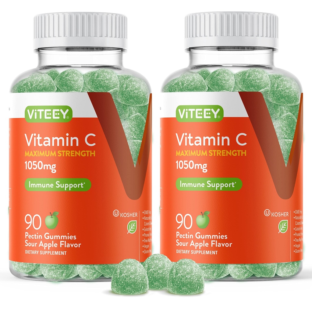 Yetişkinler için Viteey Chewable Vitamin C Gummies - 1050 mg En Güçlü Immune Support Supplement - Vegan, Gluten Free - 180 Count Count