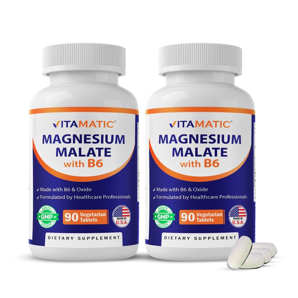 Vitamatic Magnezyum Malate 2000 mg per Service - 90 Vejetaryen Tabletler - Maksimum Aborpsiyon için B6 eklendi - Destekler Kas, Ortak ve Kalp Sağlığı* (2 Şişeler, Unflavored)