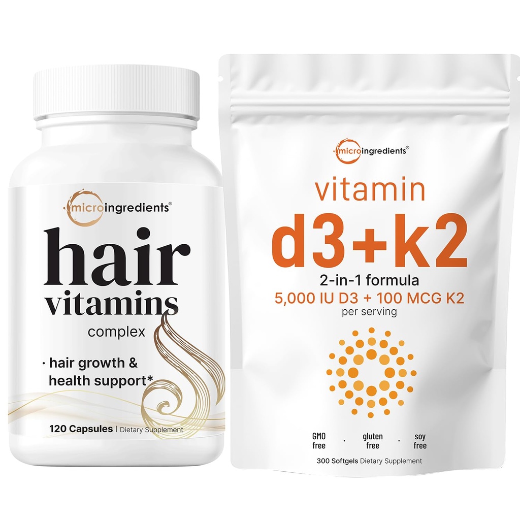 Mikro Malzemeler Vitamin D3 5.000iu + K2 100mcg Softgels & Saç Vitaminleri Kompleks Capsule Capsule 2 Pack | Essential Sunshine Vitamins | 14-in-1 Advanced Hair Support Support Support