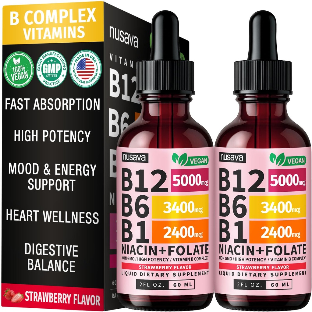 (2 Pack) Vitamin B12 ve B6 Sıvı Durağı, B12 Sublingual Vitamin B Kompleksi - B 12 5000 Cebrail - B12 Mekobalamin for Energy, Brain, and Heart Support with 27,200 mcg, Strawberry, 80 Servisler