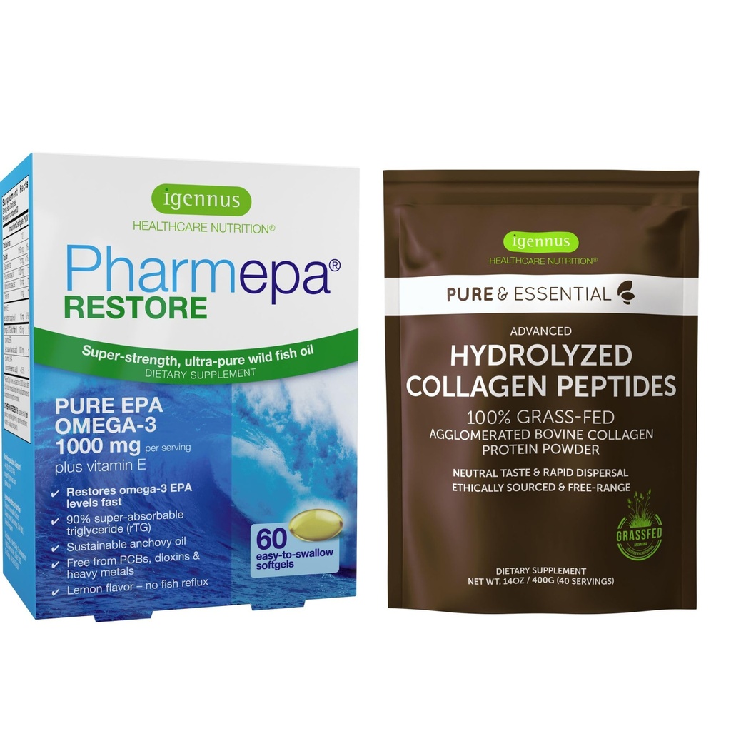 Pharmepa Restore & Advanced Hydrolyzed Collagen Peptides Bundle, 1000mg Pure EPA Omega-3 Fish Oil & 100% Grass Fed Bovine Collagen Protein Powder, by Igennus