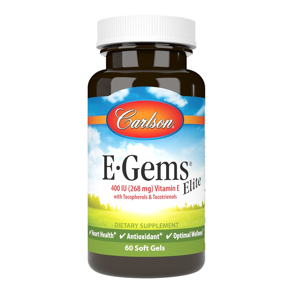 Carlson - E-Gems Elite, 400 IU Vitamin E ile Tocopherols & Tocotrienols, Heart Health & Optimal Wellness, Antioksi, 60 yumuşak jeller