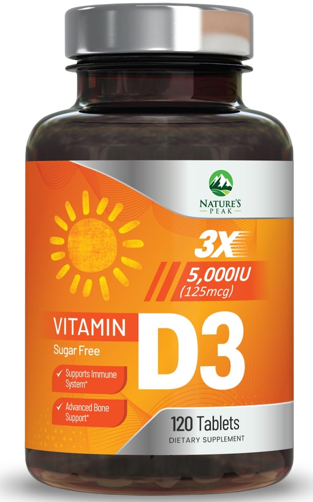 D3 5000iu (125 mcg) Immune Health Support - High Potency D Diyetary Supplement for Bone, Teeth, Muscle - Nature's VIT D, Vegan, Gluten Free, Raspberry Flavor - 120 Chewable Tabletler