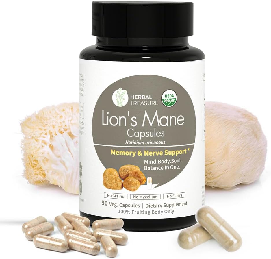 Herbal Hazine Lions Mane Supplement Capsules, Organik Lions Mane Toz ile Zihinsel Clarity ve Focus Supplements, 800 mg Lions Mane Toz Organik Mushroom Tamam 90 Caps
