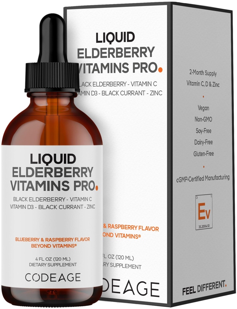 Kodage Elderberry Vitamins Pro - Organik Siyah Yaşlı Sıvı Ölçeği - C, D3, çinko, Black Currant - 2Month Supply - Black Sambucus Sıvı - Yetişkinler ve Çocuklar için Tamam - 4 fl oz