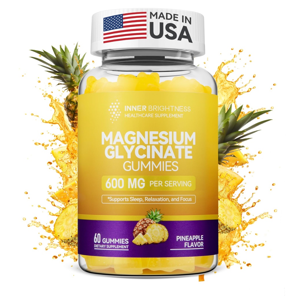 Magnezyum Glycinate Gummies 600 mg, Non-GMO, Gluten-Free, Magnezyum Gummies for Yetişkinler & Çocuklar, Sleep, Relaxation & Focus,app Pinele Flavor, 60 Count