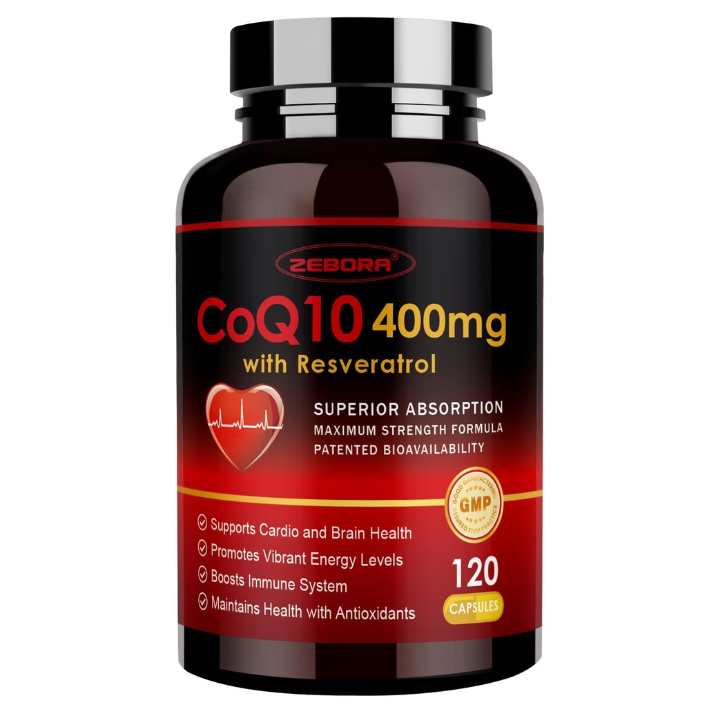 ZEBORA CoQ10-400mg ile Trans-Resveratrol, PQ & Vitamin E - BioPerine ile Yüksek Aromatikme-Q10 - Heart & Energy-Production için Güçlü Antioksit,120 Veggie Capsules