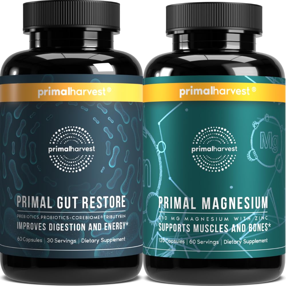 Primal Harvest Primal Gut Restore ve Primal Magnezyum Supplement 2 Pack Sche (180 Capsules)