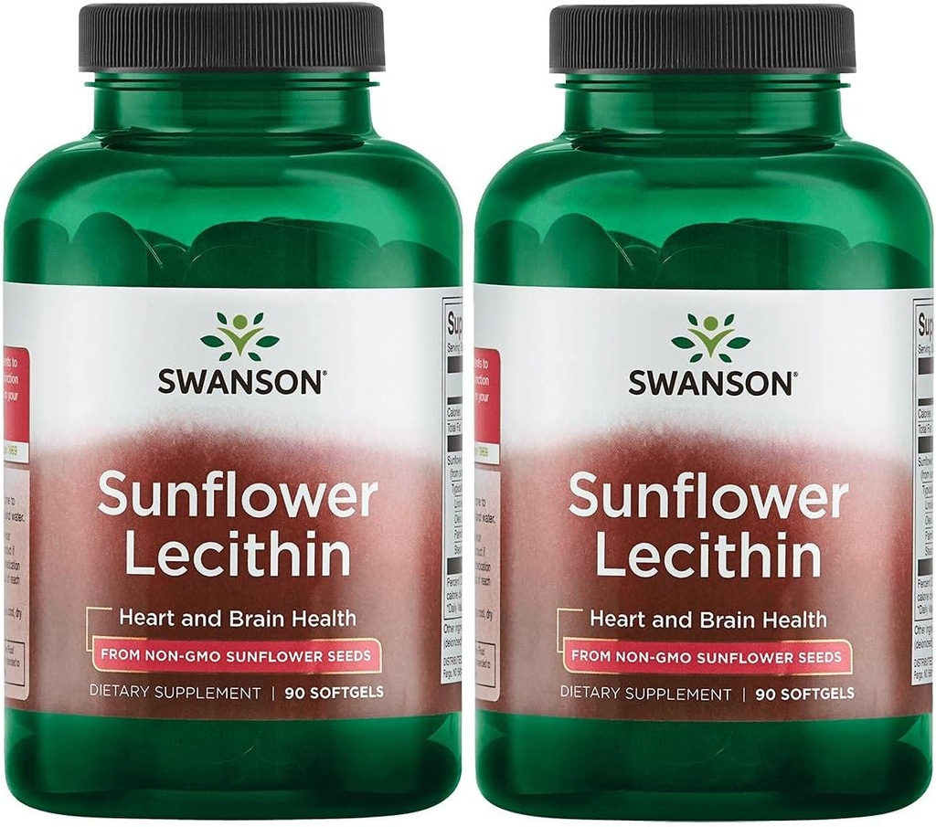 Swanson Sunflower Lecithin - Herbal Supplement Sağlıklı Beyin Fonksiyonlarını Geliştirmek - Doğal Formula Kalp Sağlığı ve Sağlıklı Lipid Dengesi - (90 Softgels, 1200 mg Her) 2 Pack