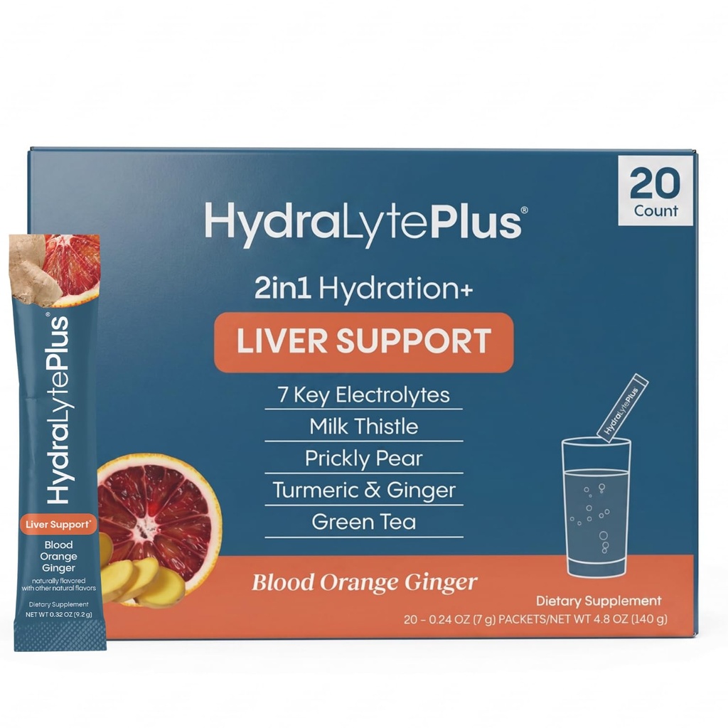 Hydralyte Liver Support + Electrolyte Mix with Milk Thistle, Turmeric, Ginger, Prickly Pear, Yeşil Çay Ekstra Rehidrasyon için Formülasyon (Kan Orange Ginger, 20 Packets)