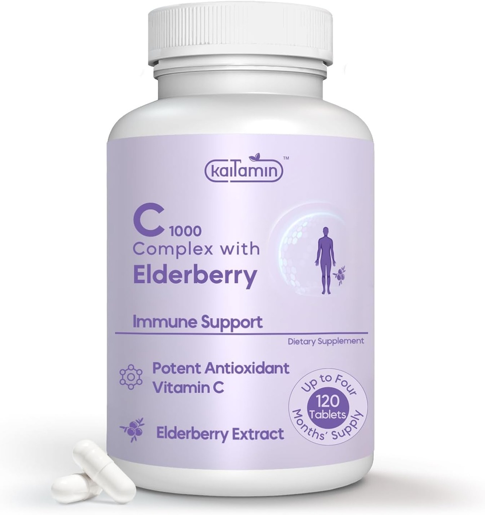 Rose HIPS + Sambucus Elderberry ile C1000 Kompleksi - Immune Support & Antioksi Desteği için C 1000 mg - Upto 120 Gün için 120 Tablet (120 Kont)