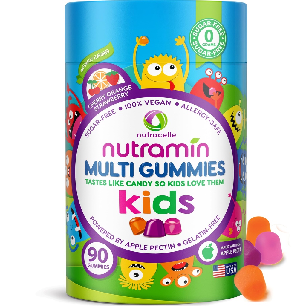 Nutracelle NUTRAMIN Sugar-Free, Allergen-Free 100% Vegan Gummy Multivitamins for Kids - Great Tasting Natural Gummies Your Kids Will Love - 90 Şişe Kont