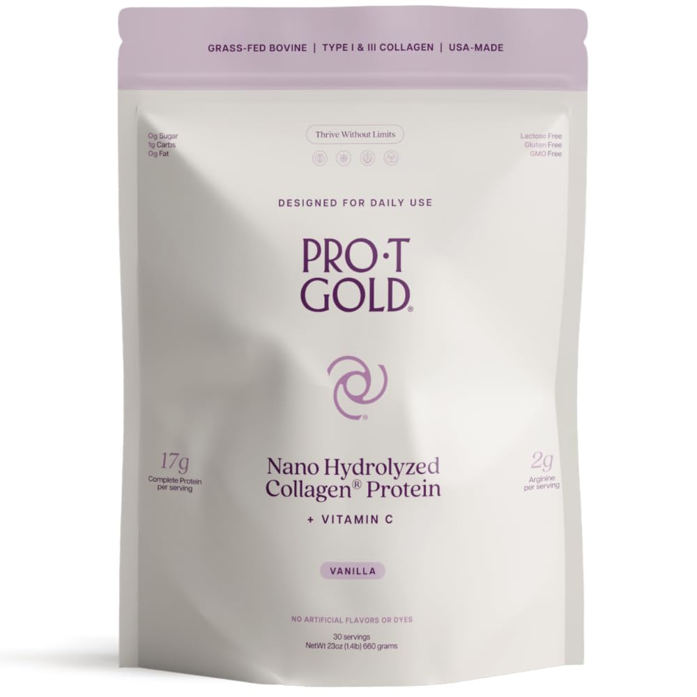 ProT Gold Collagen Protein Toz, 17g Protein Nano-Hydrolyz Grassed Fed Collagen, C, 2g Arginine for Yara Desteği, Gluten Free, All Natural, Fat ve Sugar Free, 0g Carbs, Vanilla, 23 oz, 30
