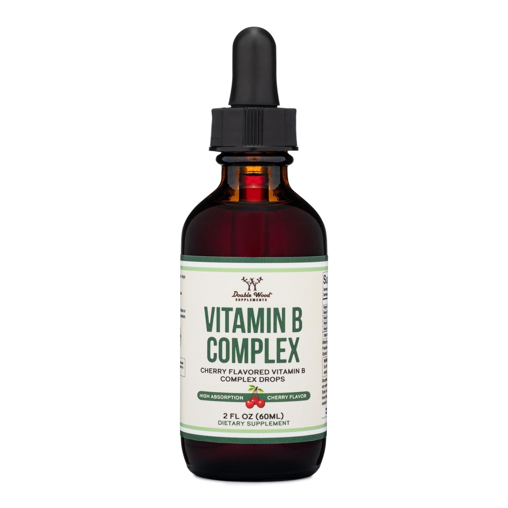 Çift Wood Supplements Sıvı B Kompleksi - 2 Ay Supply - Max Abvitamin - B3, B6, B7 (Biotin), B9 ve B12 Vitamini - Cherry Flavor - 2 FL OZ